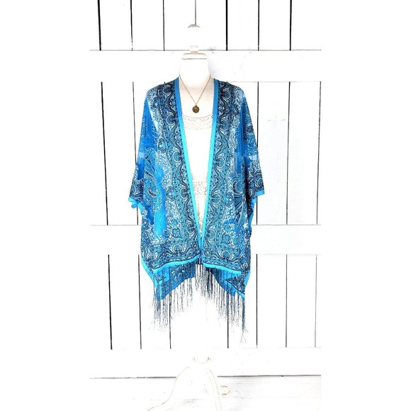 Blue paisley sheer stretch jersey burnout kimono cardigan jacket cover up - Picture 1 of 6